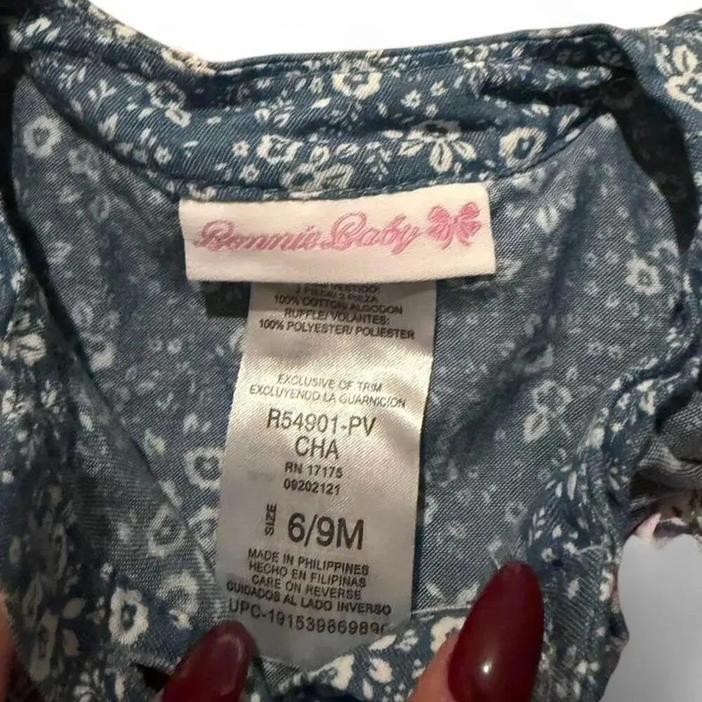 Vintage Bonnie Baby Cottagecore Floral Chambray Ruffle Dress Sz 6-9 Months